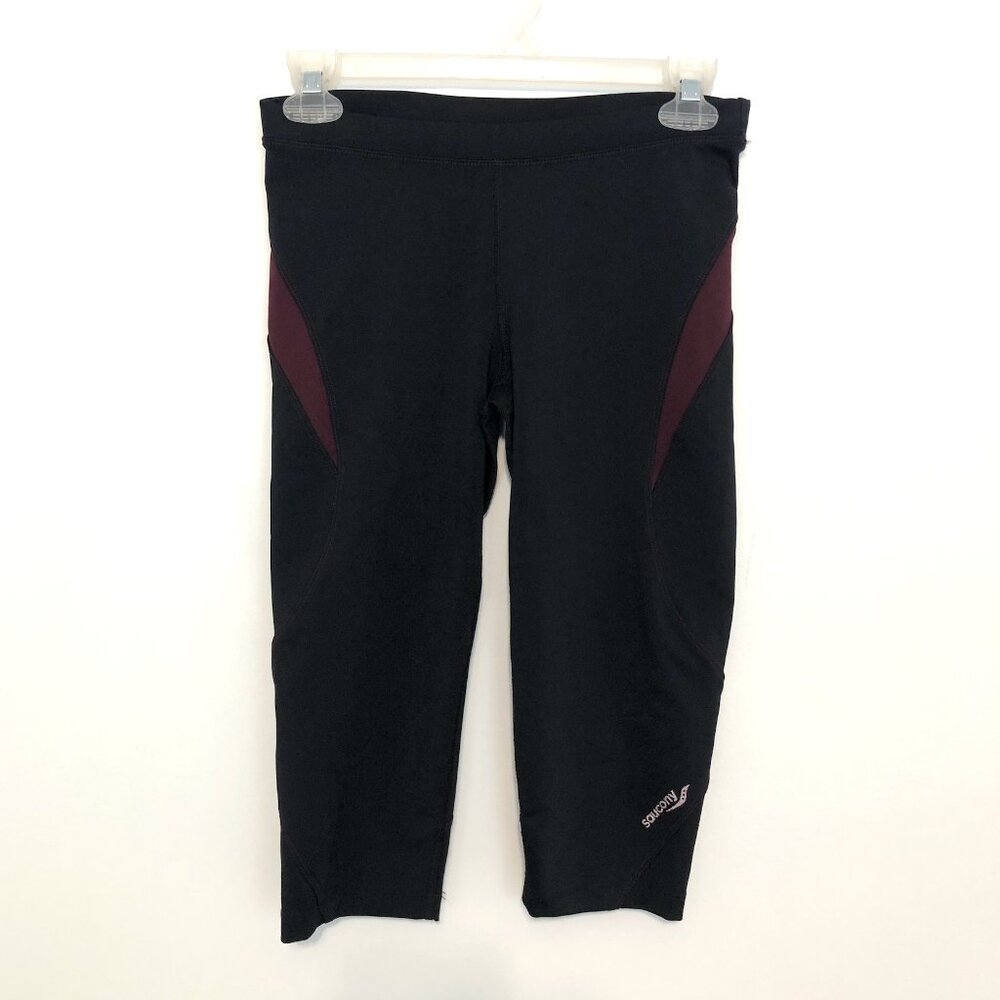 SAUCONY Black Burgundy Maroon Stripe Trim Capri Capris Active Leggings Legging